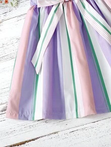 Young Girl Block Striped Sleeveless Belted Dress - Multicolor - View 5