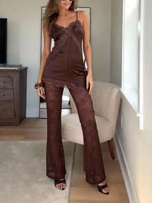 Firerie Elegant Romantic Urban Chic Bohemian Festival Party Music Festival Valentine's Day Date Sexy Lace Sheer Patchwork Asymmetric Hem Side Slit Backless Camisole Top And High Waist Lace Sheer Wide Leg Pants Brown 2 Piece Set - Brown - View 2