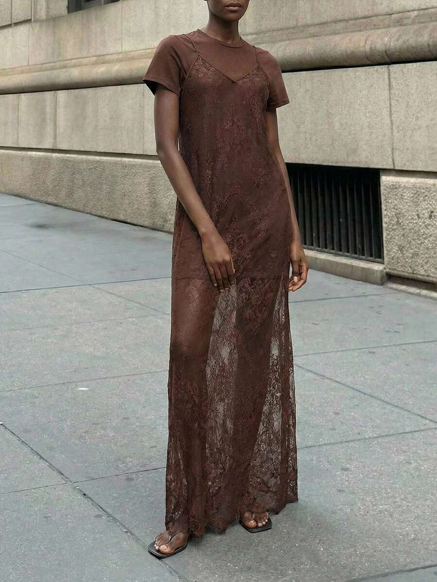 Maija 新款咖啡色性感蕾丝吊带短袖连衣裙，女士两件套，优雅晚宴派对装，春夏款 - 彩色 - 查看 1
