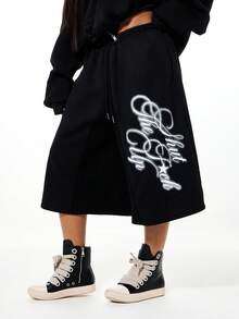 SUMWON WOMEN 黑色阔腿运动裤，饰有字母印花，抽绳腰带，七分裤长，休闲居家服，舒适宽松版型，日常街头风 - 黑色 - 查看 1