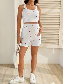 SHEIN 2件套孕妇爱心印花露脐背心和短裤套装，休闲款 - 白色 - 查看 3