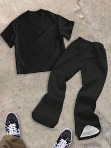 男童休闲舒适时尚简约圆领短袖T恤和喇叭裤套装，适合春夏穿着，经典酷炫街头风标语印花，时尚酷炫汽车汽车旅馆标志印花 - 彩色 - 查看 3