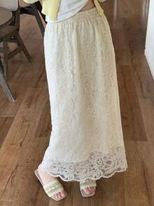 DAZY Women's Elegant Commuter Floral Embroidery Sequin Skirt - Beige - View 4