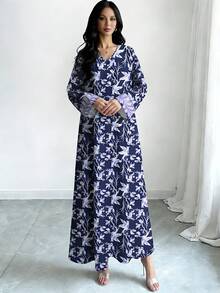 SHEIN Najma Đầm maxi dài tay cổ chữ V họa tiết hoa nhí màu tím, đầm dài hoa mùa xuân/hè dành cho nữ, phong cách Ả Rập thanh lịch. - Nhiều màu - Xem 4