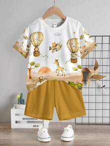SHEIN Young Boy Casual White Summer T-Shirt Set,Cute Cartoon Animal World Pattern Print With Bear,Giraffe,Lion,Zebra,Monkey,Airplane,Hot Air Balloon,Car - Multicolor - View 2