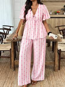 Weeklong Plus Size Women's Casual Striped Heart Print Deep V-Neck Ruffle Hem Vacation Outfit, Spring/Summer - Multicolor - View 3