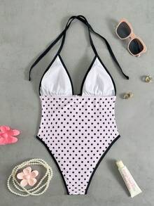 Swim Mod New Polka Dot Print Twist Front One-Piece Swimsuit For Women - Multicolor - View 2