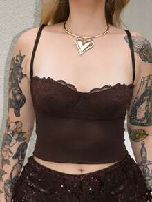 Arliah Camiseta ajustada y sexy de mujer con parches de encaje - Café integral - Ver 5
