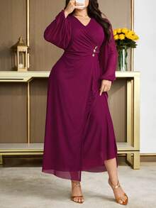 Feyla Plus Size Women's Solid Color V-Neck Maxi Party Dress - Hot Pink - View 9