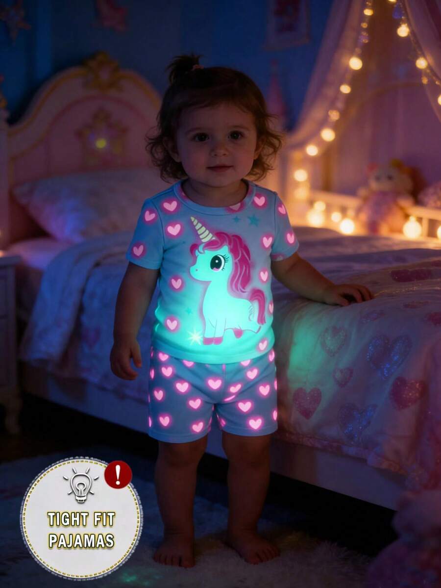 2pcs/Set Piyama Bayi Perempuan Pas Badan Motif Unicorn Atasan Lengan Pendek dan Celana Pendek, Bersinar di Bawah Sinar UV - Biru - View 1