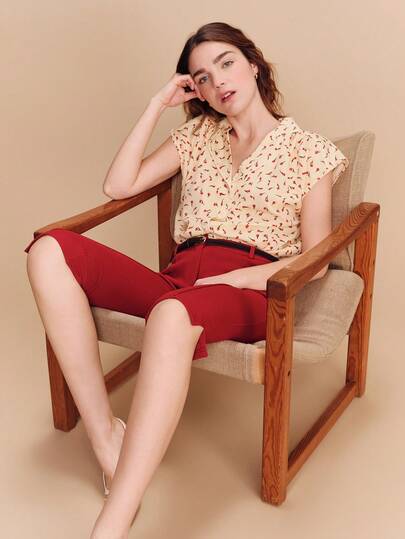 lacRébo Beige And Red Floral Printed Blouse With Lapel Collar And Boxy Fit Elegant Parisian Spring Summer Butter Yellow Top