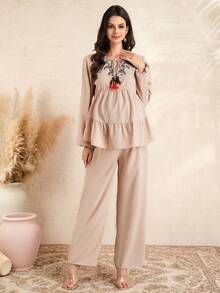 Momance Maternity Casual Embroidered V-Neck Top & Pants Set - Khaki - View 5