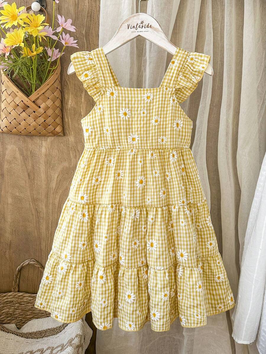 Vintaside Kids Young Girl Summer Casual Plaid Daisy Print Dress - Yellow - View 1