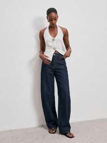 ATUI Studio Women Barrel Leg Jeans With Metal Studded Pocket, Back V-Shape Yoke, Modern Commuting , Spring Summer Denim, Minimalism Essential, Day-To-Day Bottom Item - Blue - View 1