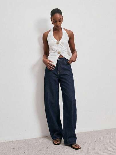 ATUI Studio Women Barrel Leg Jeans With Metal Studded Pocket, Back V-Shape Yoke, Modern Commuting , Spring Summer Denim, Minimalism Essential, Day-To-Day Bottom Item