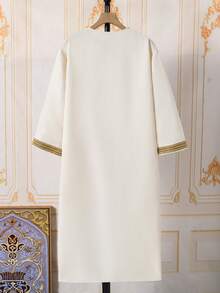 SHEIN Tween Boy Elegant Gold-Trimmed Long Robe Shirt, Spring/Summer - Khaki - View 2