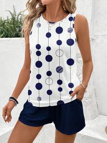 EMERY ROSE 2pcs/Set Plus Size Women's Navy Blue Polka Dot Round Neck Camisole And Shorts Set,Summer Smart Casual Holiday Two Pieces Outfits Sleeveless Top Set - Multicolor - View 6