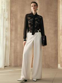 Arave Women's Woven Lace Splice Ribbon Design Casual Party Date Long Sleeve Blouse, Black Top - Black - View 2