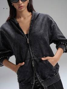 SHEIN LYSMO Petite Áo sweatshirt nữ phong cách tối giản mùa xuân/hè 2026 mới về, màu xám bạc, chất liệu vải mài, đính đá lấp lánh, kiểu dáng casual, màu trơn, vai rớt, khóa kéo phía trước, thích hợp cho mùa tựu trường, lễ hội, phong cách thập niên 2000, Y2K, thời trang đường phố unisex, thiết kế avant-garde với khuy bấm. - Màu xám đen - Xem 3