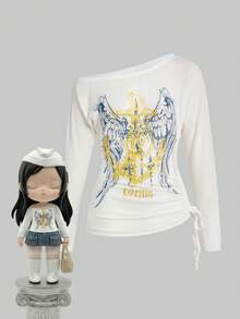 ROMWE Grunge Punk SpringRomantic Nautical Punk Wing & Anchor Foil Print Oblique Shoulder Women Long Sleeve T-Shirt - White - View 1