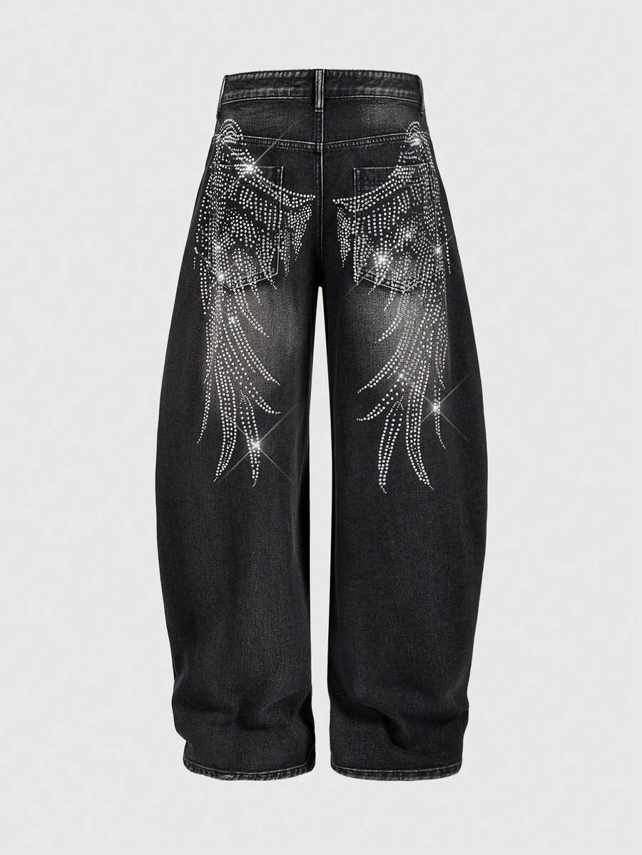 ROMWE MEN Street Life 男士翅膀水钻图案休闲百搭日常修身牛仔裤 - 黑色 - 查看 1