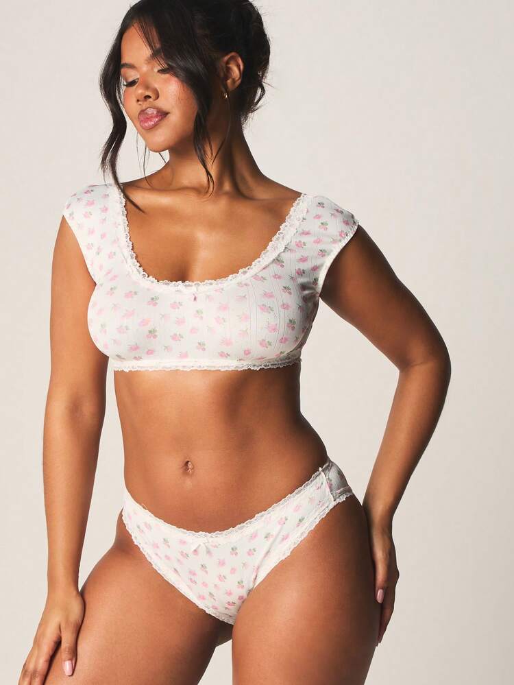MISSGUIDED Floral Printed Lace Trim Cap Sleeve Bralette Soft Ribbed Lingerie For Everyday Comfort