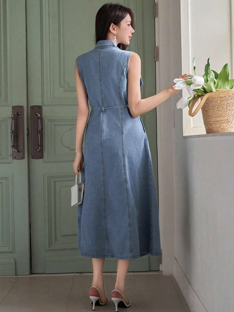 Women's Casual Washed Denim Dress With Lapel Collar And Belt, Sleeveless, Summer,Wedding Guest Dress Women Maxi Dress