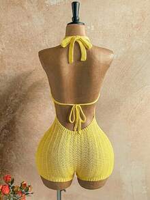 Soleia Bộ jumpsuit dệt kim ombre cổ chữ V sâu hở lưng dành cho nữ mùa thu, gợi cảm và thời trang, phù hợp cho tiệc tùng, hẹn hò, trà chiều, kỳ nghỉ phong cách boho, đi biển. - Màu vàng - Xem 2