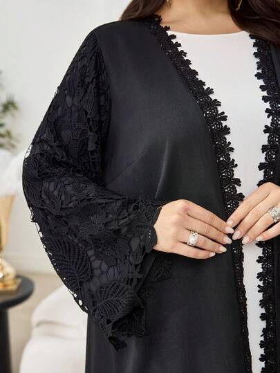 Al Najma 大码女式蕾丝拼接镂空休闲优雅长袍开衫