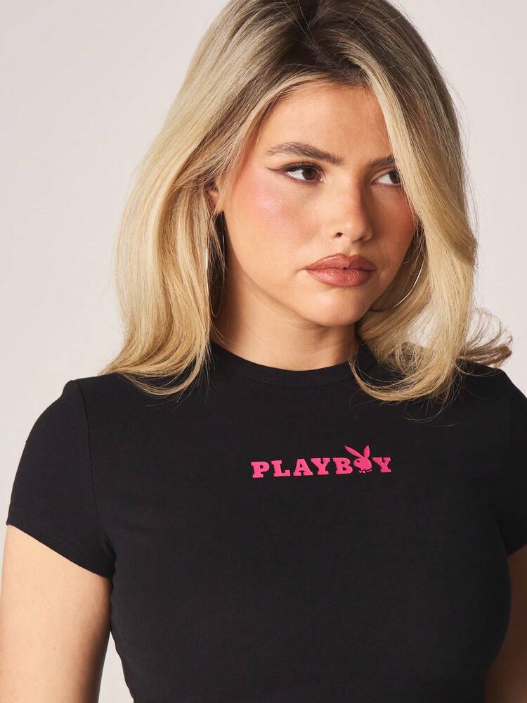 Missguided x Playboy 핑크 로고 프린트가 있는 크롭 반팔 크루넥 면 혼방 티셔츠