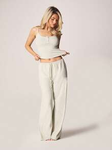 MISSGUIDED Sage Ribbed Tank Top And Wide Leg Pants Lounge Set With Button Detail Soft Feel Casual Coordinated Sleepwear Loungewear Comfort Set - Mint Green - View 5