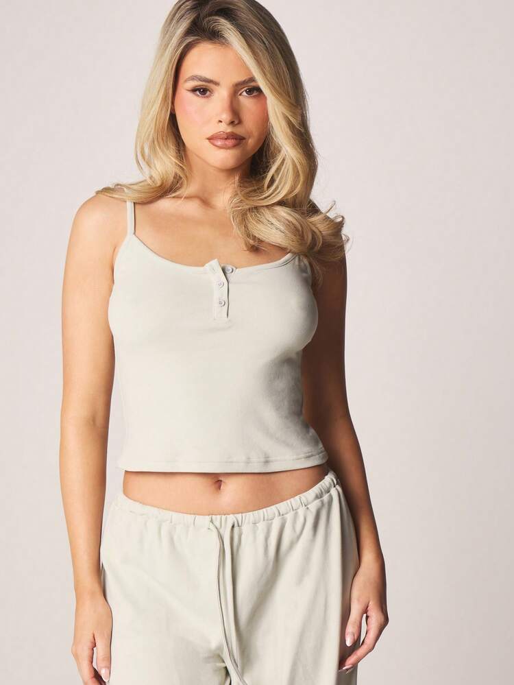 MISSGUIDED Sage Ribbed Tank Top And Wide Leg Pants Lounge Set With Button Detail Soft Feel Casual Coordinated Sleepwear Loungewear Comfort Set