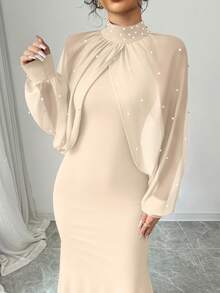 Selianne 优雅珍珠串珠领美人鱼连衣裙，秋季女士长款套装 - 杏色 - 查看 4