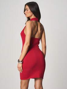 MISSGUIDED Bandage Knit Halter Neck Plunge Cutout Mini Bodycon Dress With Backless Design For Party Evening - Red - View 2