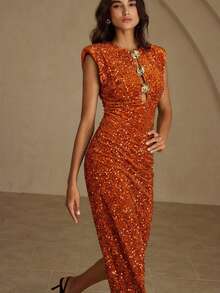 Revavyn Đầm dài sang trọng bằng nhung đính sequin, khóa kim loại rỗng ở eo và vai cách điệu dành cho nữ, thích hợp dự tiệc. - trái cam - Xem 3