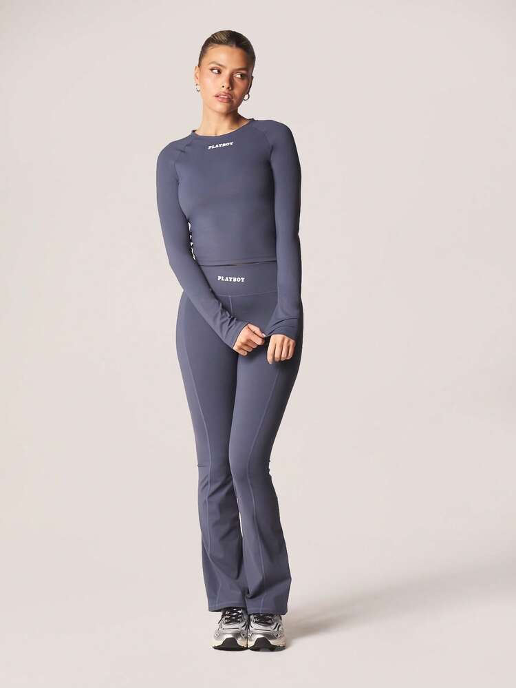 Missguided x Playboy Long Sleeve Crew Neck Fitted Activewear Top With Logo Print And Raglan Sleeves For Casual Exercise And Leisure Wear