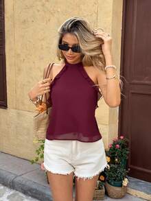 SHEIN Frenchy Áo kiểu nữ màu trơn, cổ yếm, buộc dây sau lưng, thời trang, đa năng, thích hợp cho hẹn hò và đi chơi, kiểu Pháp màu đỏ rượu vang, chất liệu chiffon xếp nếp, không tay, buộc dây sau lưng, áo cổ yếm gợi cảm, ôm dáng, chất liệu chiffon mềm mại, thích hợp cho kỳ nghỉ hè, du lịch, thanh lịch, áo phù dâu, áo dự tiệc. - Màu đỏ tím - Xem 4