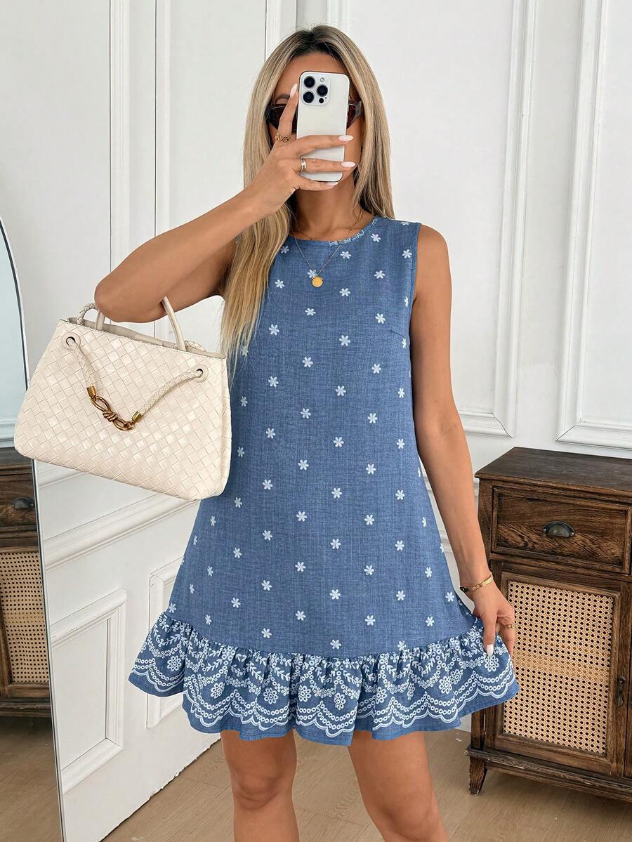 Easowa 碎花印花无袖A字连衣裙，荷叶边下摆，休闲宽松优雅，适合办公室/度假穿着，春夏迷你连衣裙 - 彩色 - 查看 1