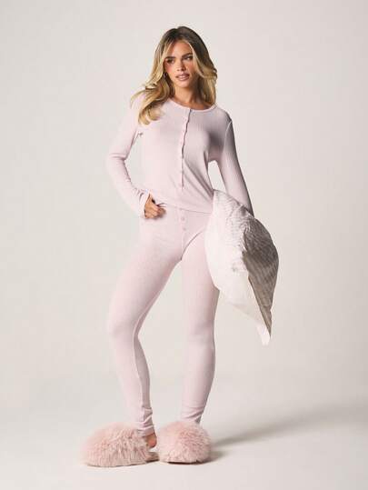 MISSGUIDED Ribbed Knit Button Front Cardigan Top And Leggings Lounge Set Pointelle Henley Style Cozy Pajama Set