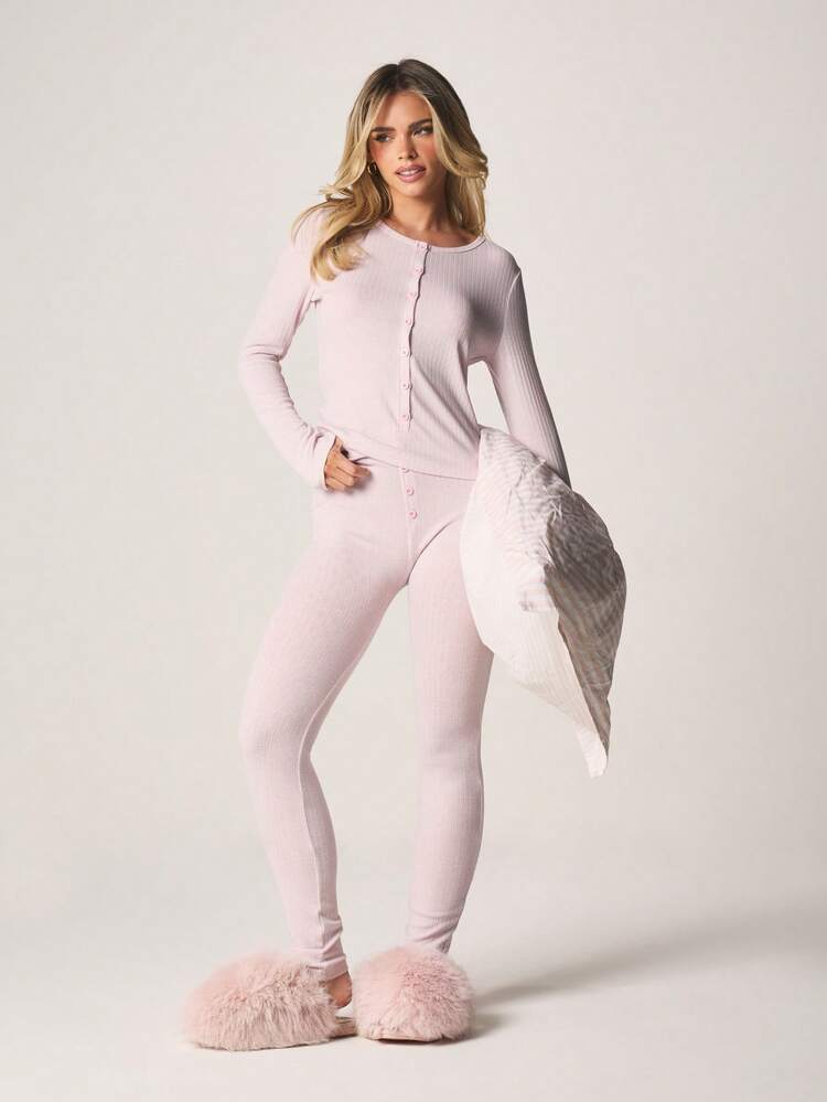 MISSGUIDED Ribbed Knit Button Front Cardigan Top And Leggings Lounge Set Pointelle Henley Style Cozy Pajama Set
