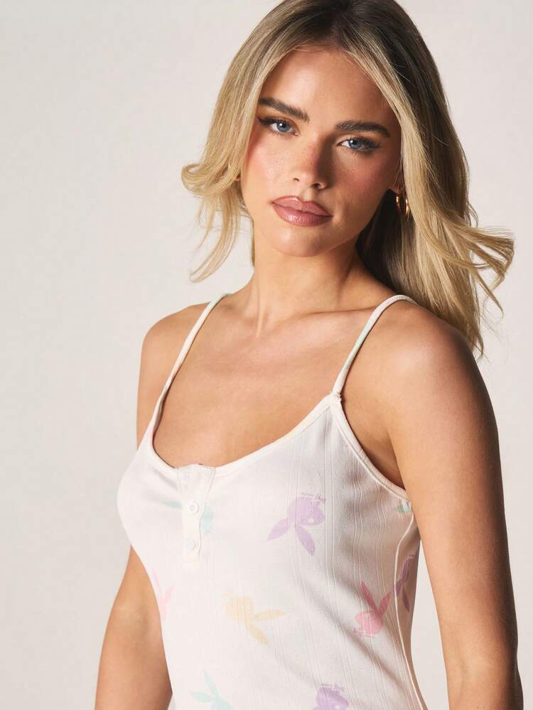 Missguided x Playboy Butterfly Print Ribbed Cami Sleep Dress Mini Length With Button Front Detail Summer Sleepwear Nightgown