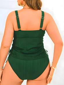 Swim Lushoire Plus Size 2pcs Solid Color Tankini Swimsuit Set, Wide Strap Top With Drawstring Bottom, Pleated Casual Minimalist Mature Plus Size Swimwear - Green - View 2