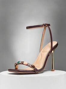 SHUZIA Women's Square Toe Gemstone Toe Band Ankle Strap High Heel Sandals - Chocolate Brown - View 5