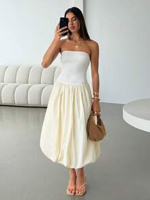 Aloruh Women's Apricot Elegant Romantic Modern Fashionable Date Night Dinner Daily Commute Fitted Waist Ruched Strapless Dress, Spring/Summer - Apricot - View 4