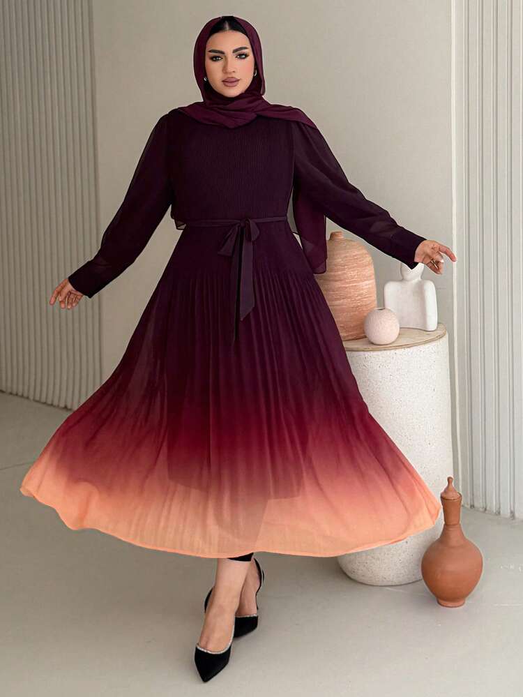 Dazy Plus Elegant Pleated Gradient Color Waist Cinched Dress With Round Neck, Long Sleeve, Plus Size Summer Sun Dresses For Women