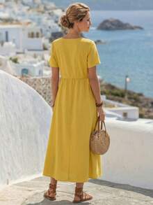 Faunlyn Women's Mid-Length Round Neck Short Sleeve Casual Dress, Suitable For Summer - Yellow - View 2