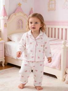 Baby Girls Pajamas-2 Pieces Pajama Set Pink Bear Print Long Sleeve Button Front Collar Top Elastic Waist Long Pants Soft Cozy Lightweight All Season Holiday 2026 Essential Nightwear Bedtime Gift For Infants Toddlers - Multicolor - View 3