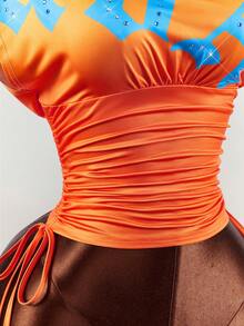 Amplova Damtröja med åtsittande midja, löst kontrasterande bokstavstryck, streetwear, sexig, asymmetrisk axel, mångsidig retroklassiker - Multifärgad - Visa 7