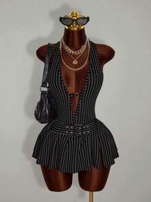 Amplova 女士性感露背条纹印花系带无袖连衣裙，配腰带，夏季 - 黑與白 - 查看 4