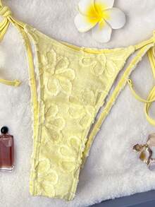 Swim Mod Set de 2 piezas Bikini de estilo influencer para vacaciones con parte superior tipo halter con decoración de flor metálica y triángulo de tela de unicolor de girasol para mujeres - Amarillo - Ver 5